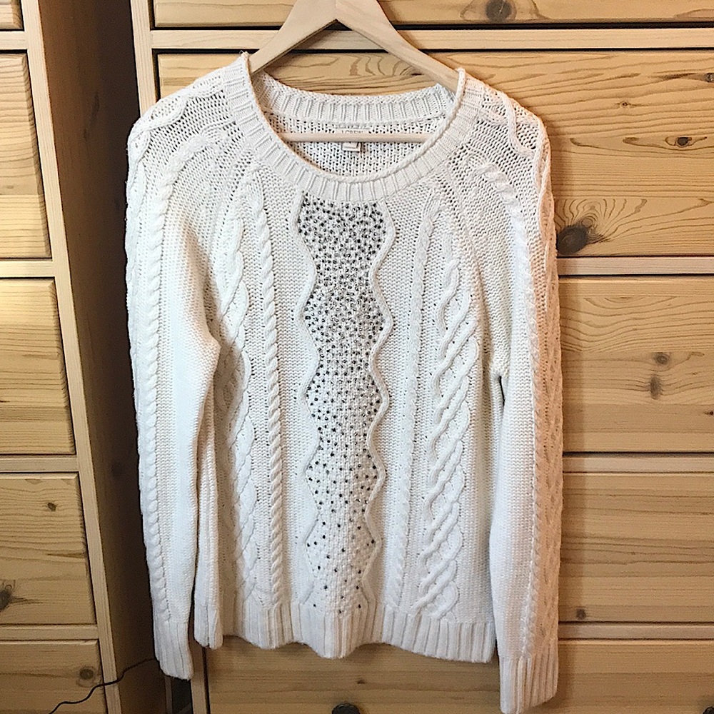 J. Crew Embellished Cable Knit Wool Chunky Sweater Size Large